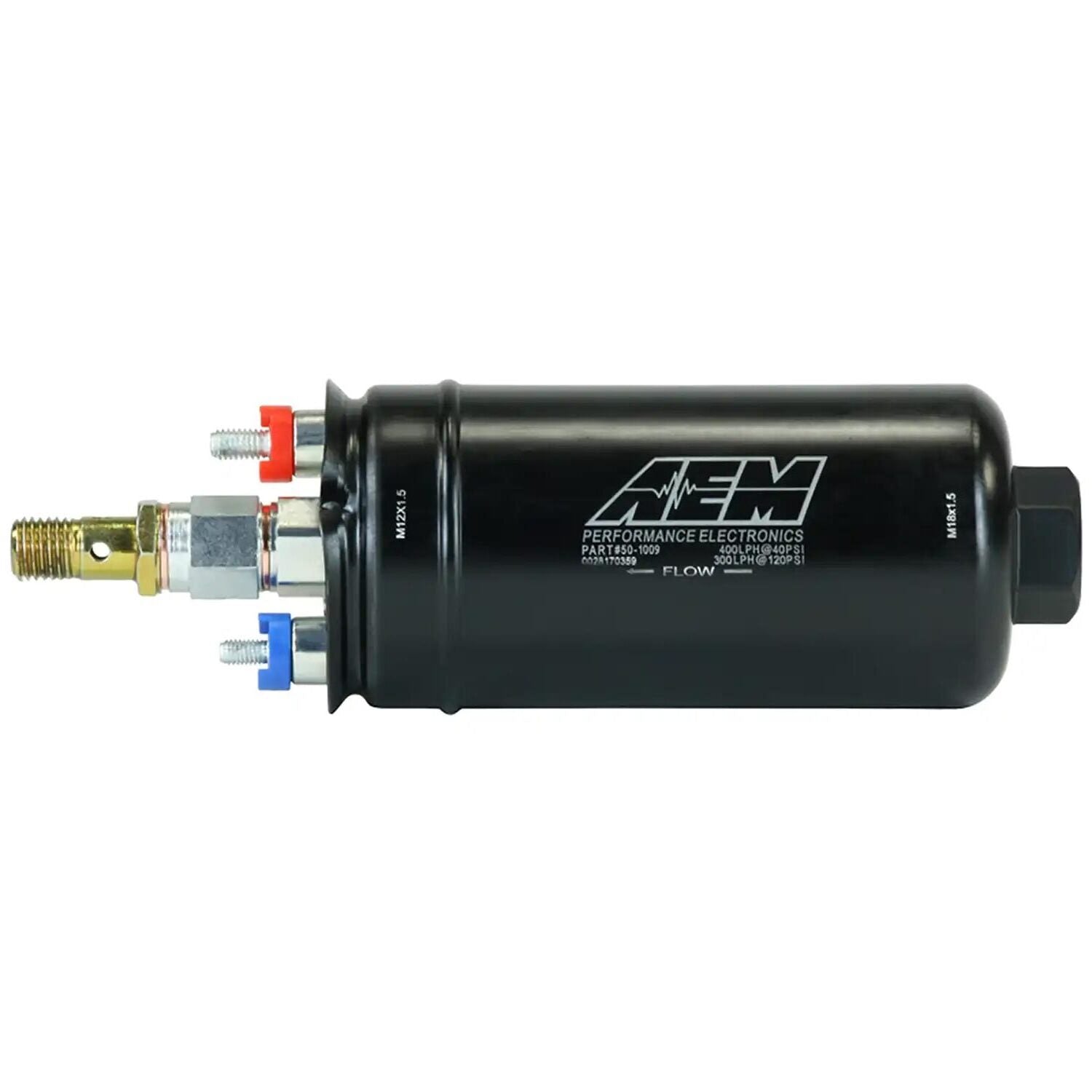 AEM 400LPH Inline High Flow Fuel Pump M18X1.5 Inlet and M12X1.5 Outlet