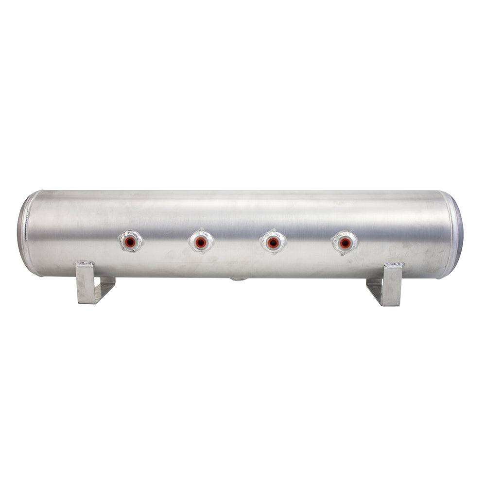 4 Gal Alum Air Tank - (4) 1/4" face ports, (2) 3/8" end ports, & 1/4" drain port - 30" L x 6" D - Raw