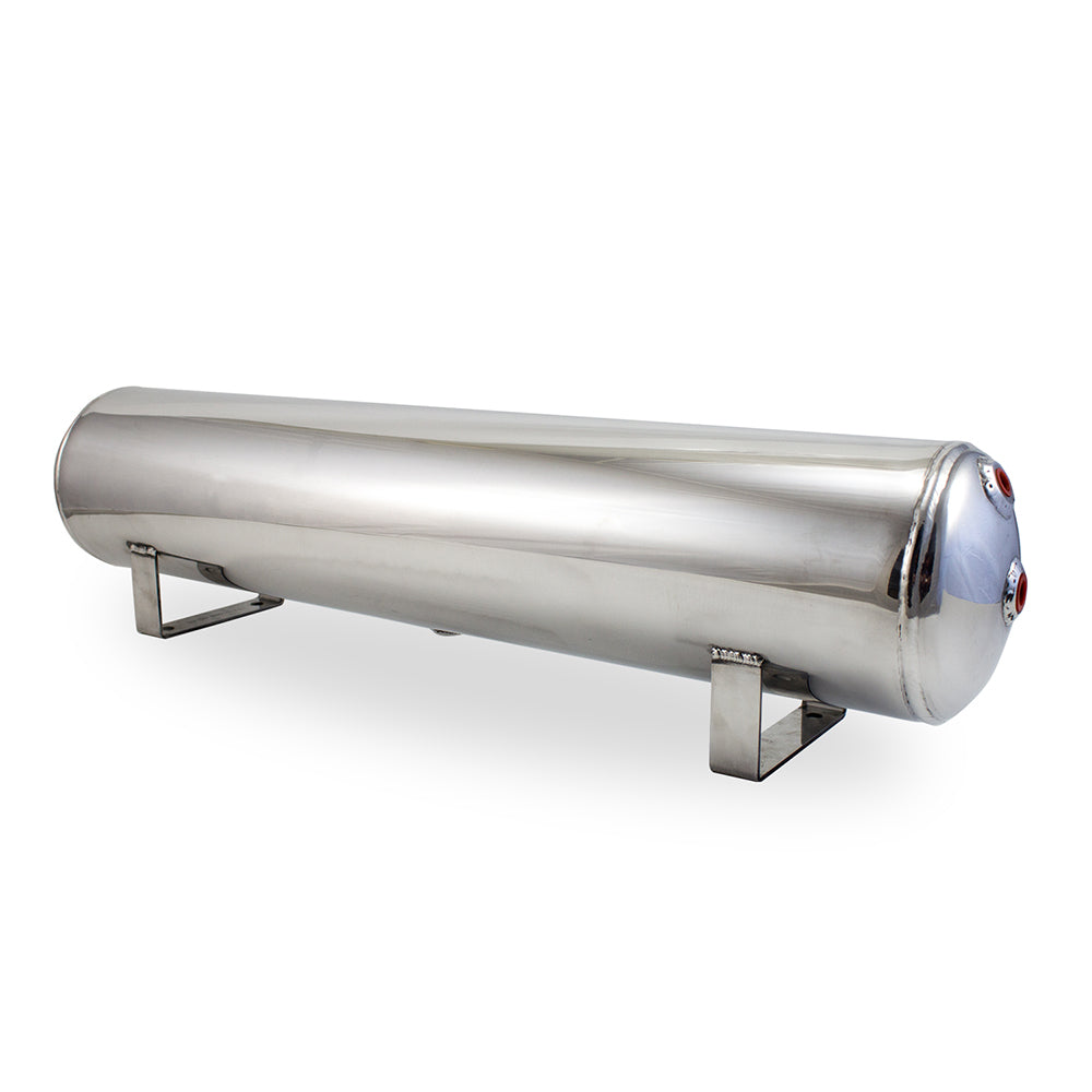 4 Gal Alum Air Tank - (2) 1/4", (2) 3/8" end ports, & 1/4" drain port - 30" L x 6" D - Polished