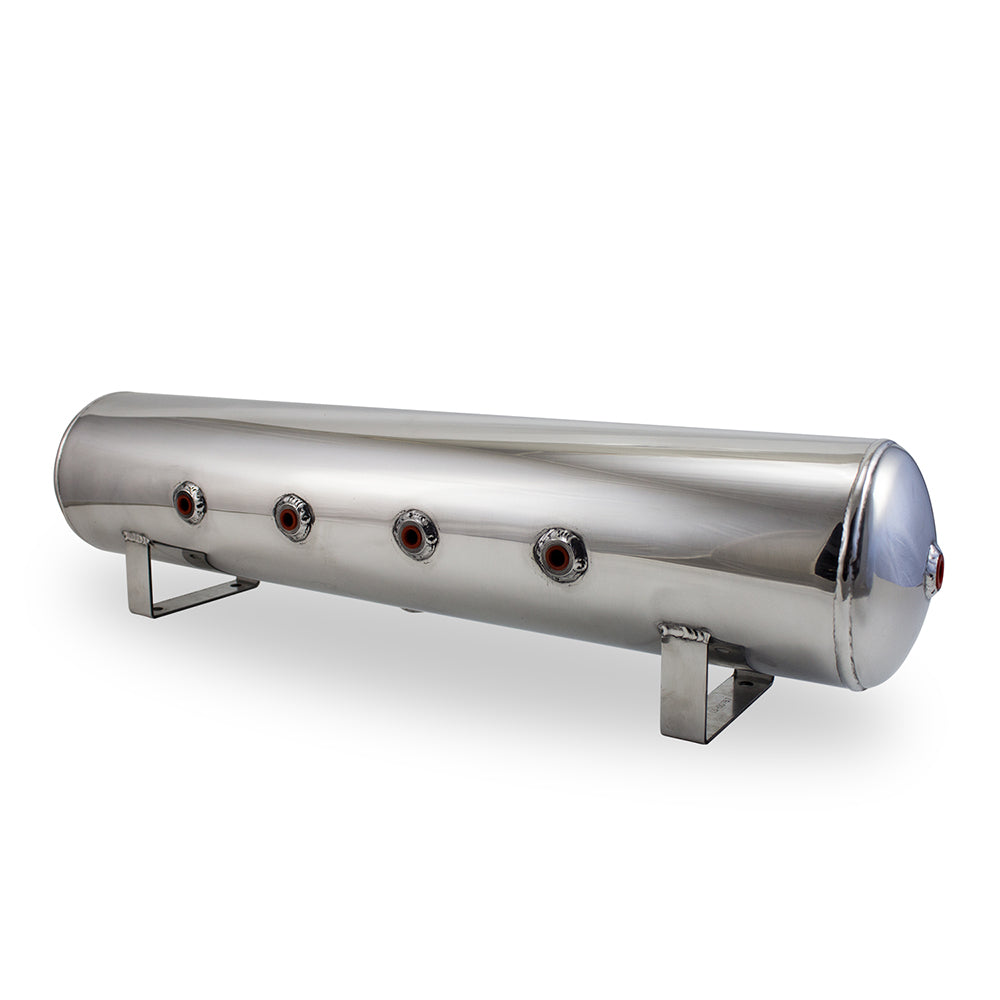 4 Gal Alum Air Tank - (4) 1/4" face ports, (2) 3/8" end ports, & 1/4" drain port - 30" L x 6" D - Polished