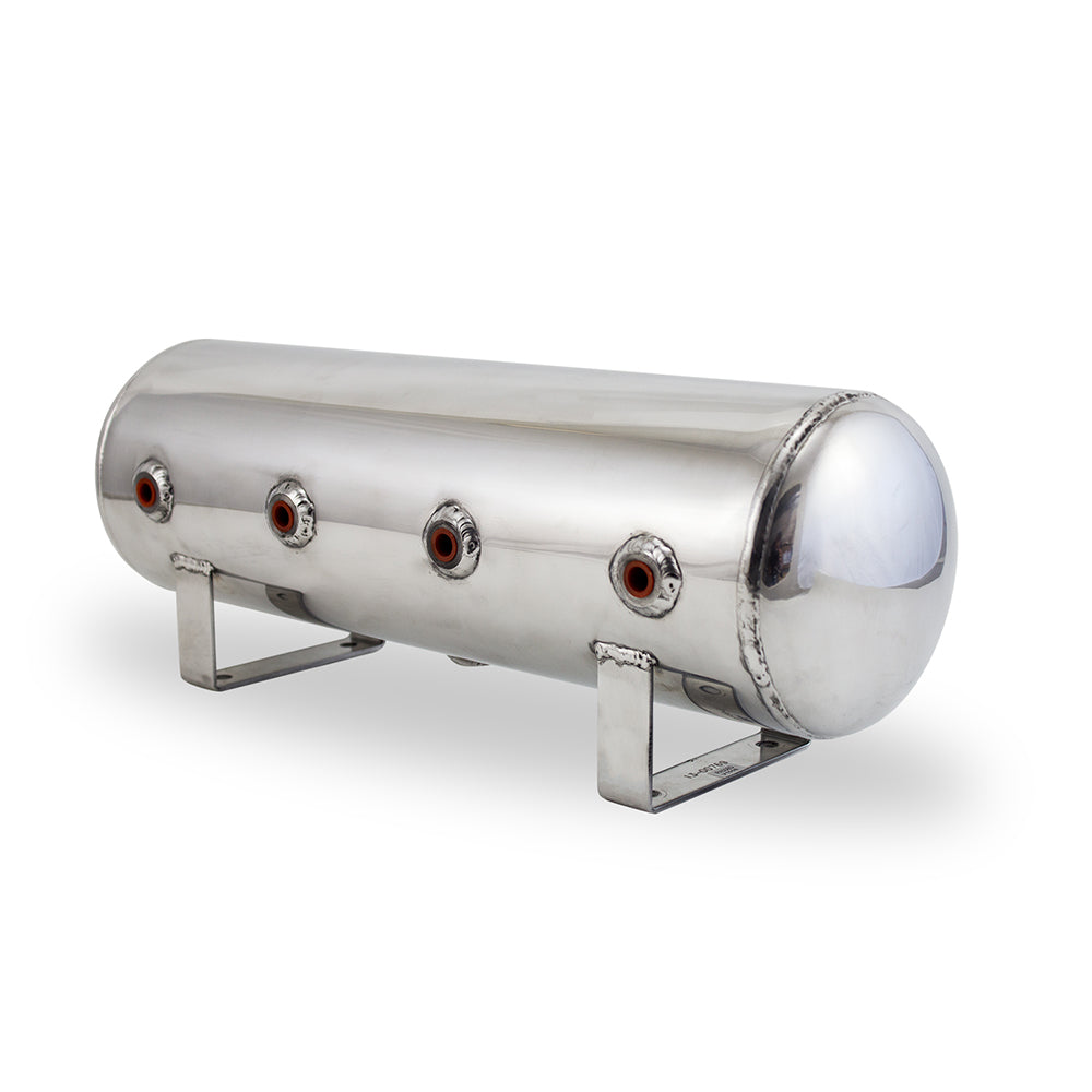 2.5 Gal Alum Air Tank - (4) 1/4" face ports, & 1/4" drain port - 20" L x 6" D - Polished
