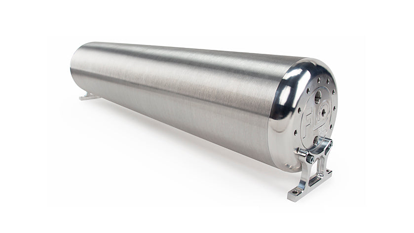 28" FLO Tank - (2) 1/4", (2) 3/8", (1) 1/8" end ports, & (1) 1/8" drain port - 28"L x 6" D x 6 3/4"H - Raw end caps with brushed tube (Includes two mounting brackets)